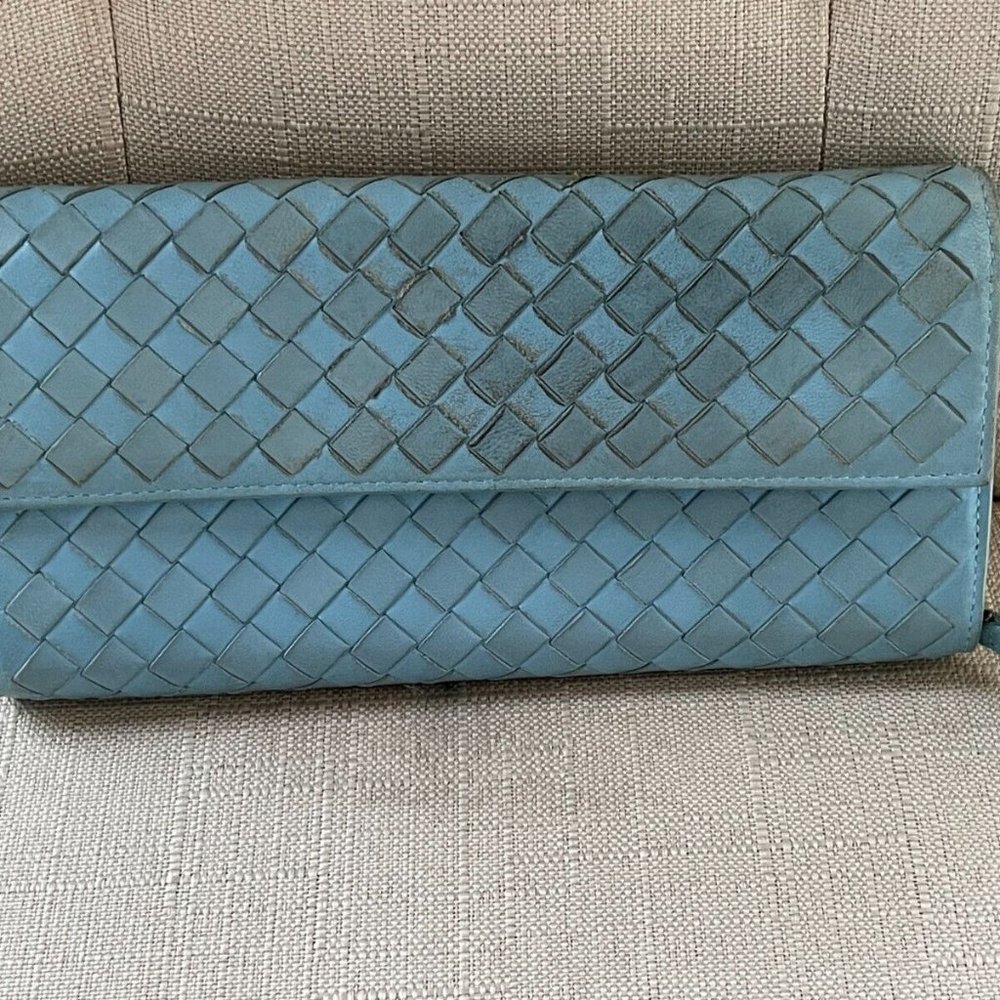 Bottega Veneta Leather Blue Woven Clutch wristlet card holder and coin purse